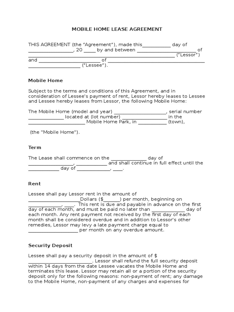 Mobile Home Lease Agreement Template | PDF | Lease | Indemnity