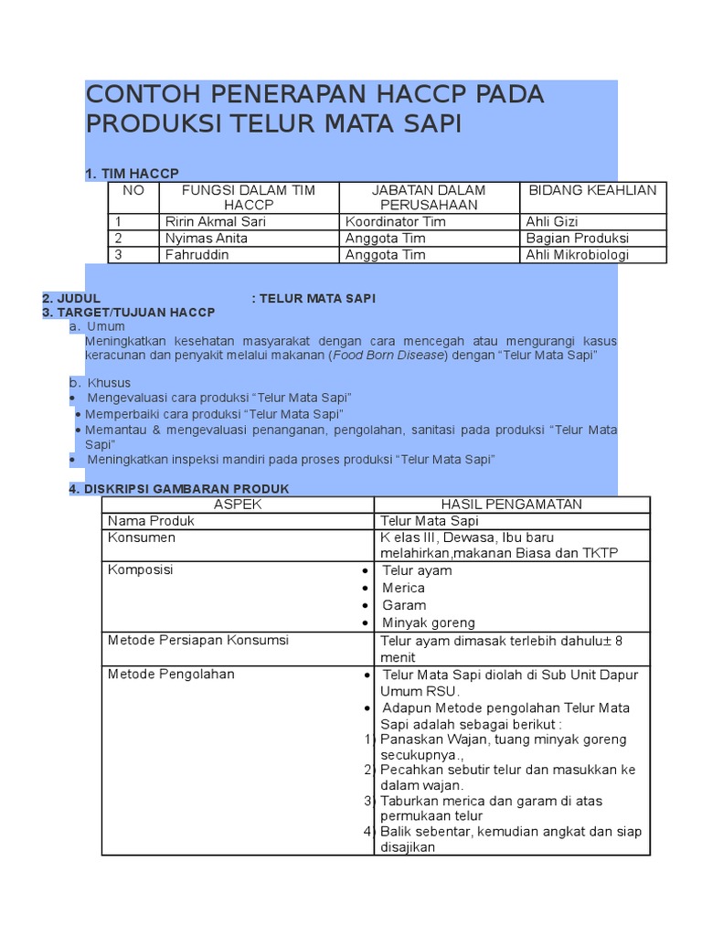 Contoh Penerapan Haccp Pada Produksi Telur Mata Sapi