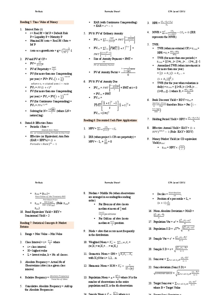 CFA l 1 Formula Sheet December 2015 | Chi Squared Distribution ...