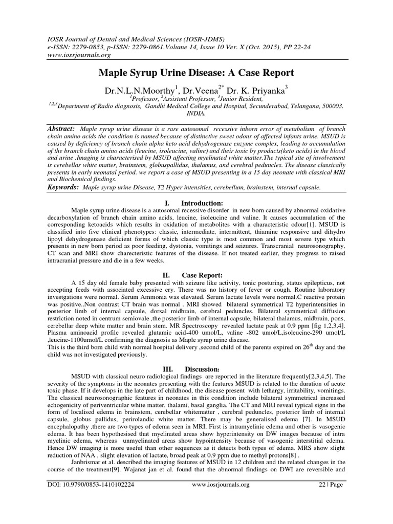 Maple Syrup Urine Disease A Case Report Medical Specialties