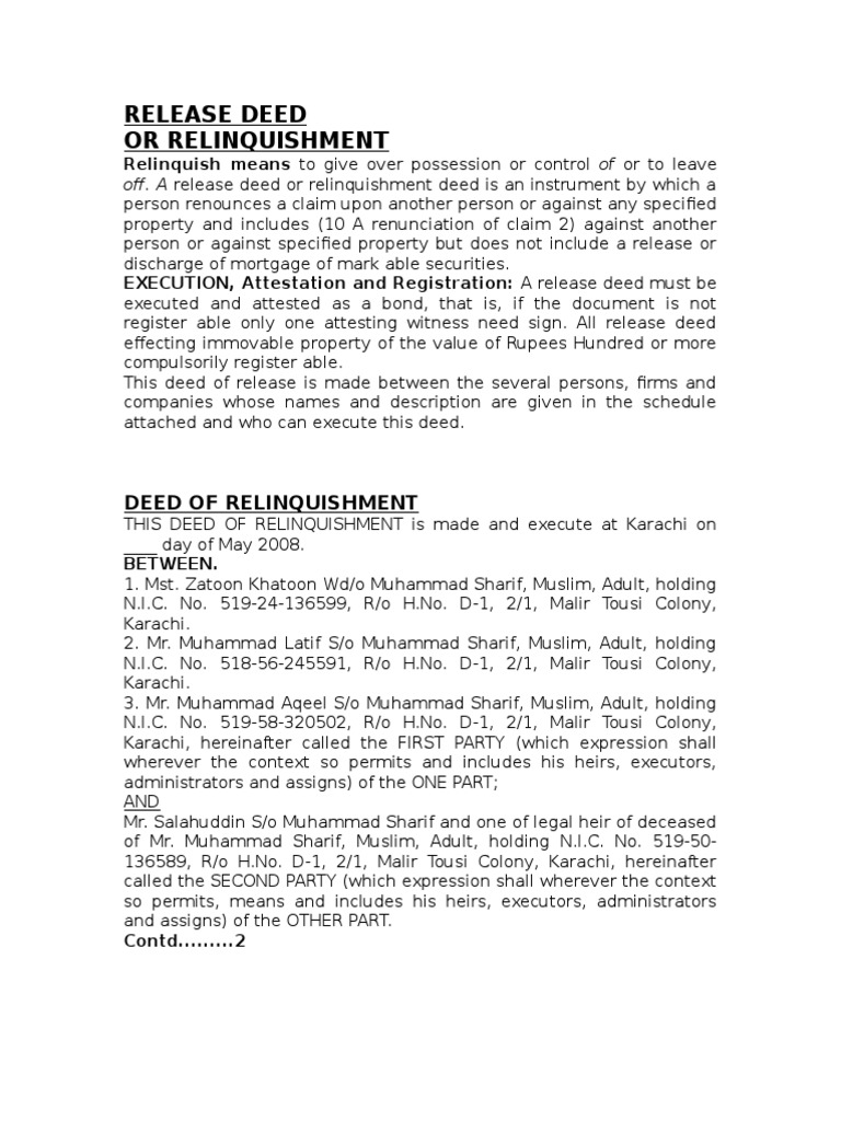 Definition & Model Document of RELEASE DEED (1) Deed Property Law