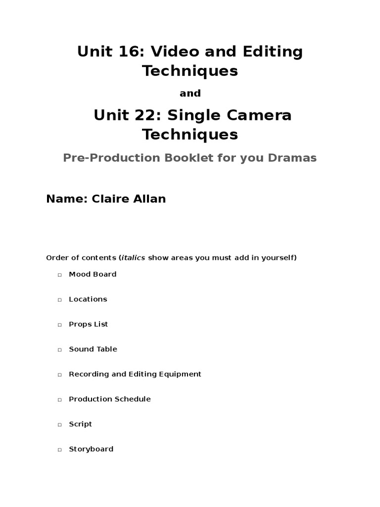 Unit 22 Lo2 Production Booklet 1 | PDF | Leisure