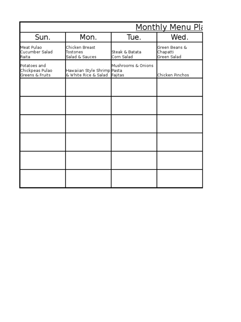 Sun. Mon. Tue. Wed.: Monthly Menu Planner | PDF | Cooking, Food & Wine