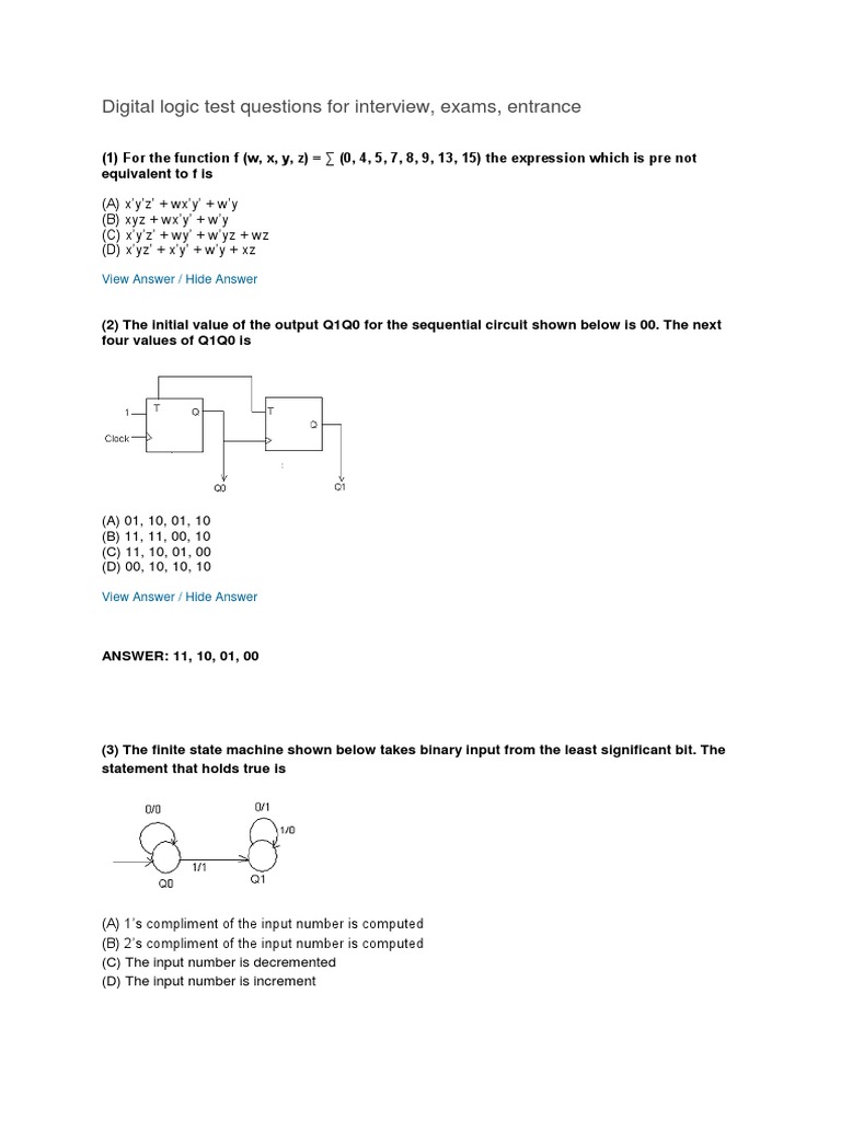 Digital Logic Test Questions for Interview Subroutine Electronic Design