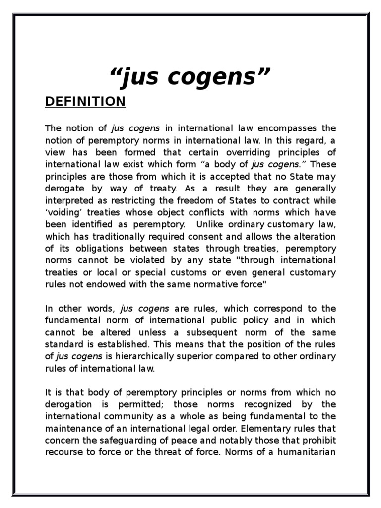 Defining and Recognizing Jus Cogens in International Law Peremptory