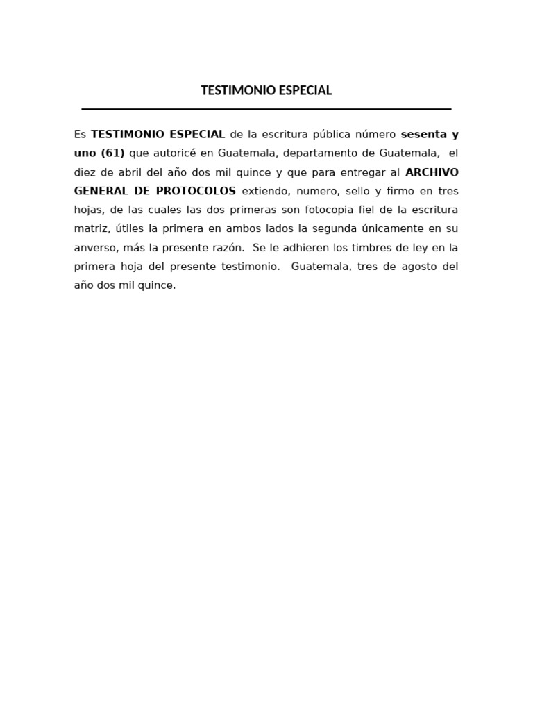 Ejemplo de Testimonio Especial en Guatemala | PDF