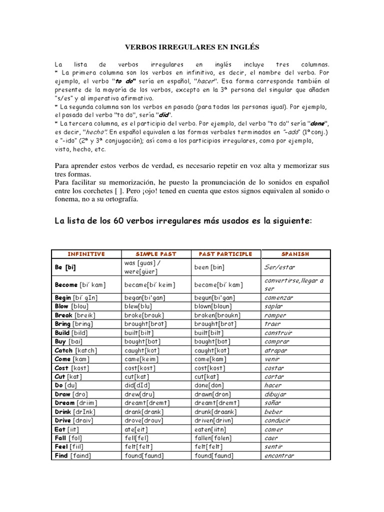 Columna De Verbos Ingles 60 Principales Verbos Ingles Irregulares | PDF | Verbo | Morfología  Lingüística