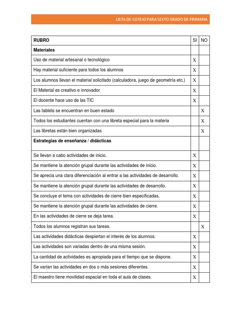 Ejemplo De Una Lista De Cotejo De Primaria Ejemplo Sencillo Images