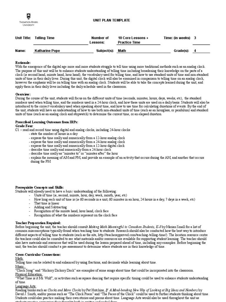 Telling Time Unit Plan for Grade 4 | PDF | Clock | Differentiated ...