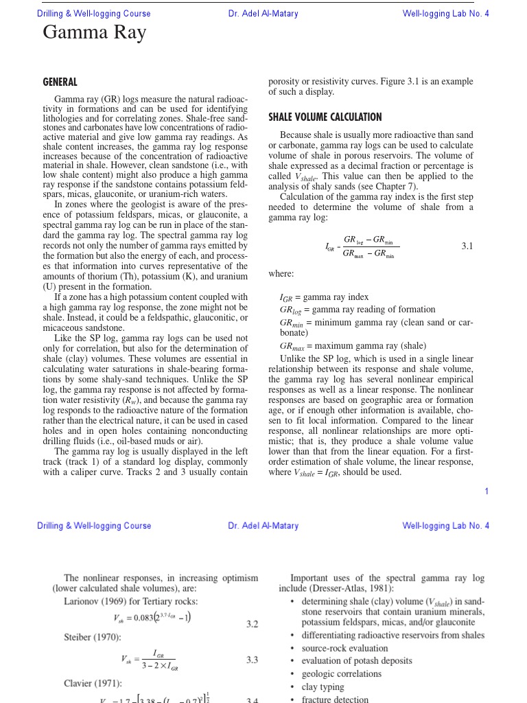 Well-Logging Lab No. 4 - Calculation of Gamma Ray Index IGR For Shale ...