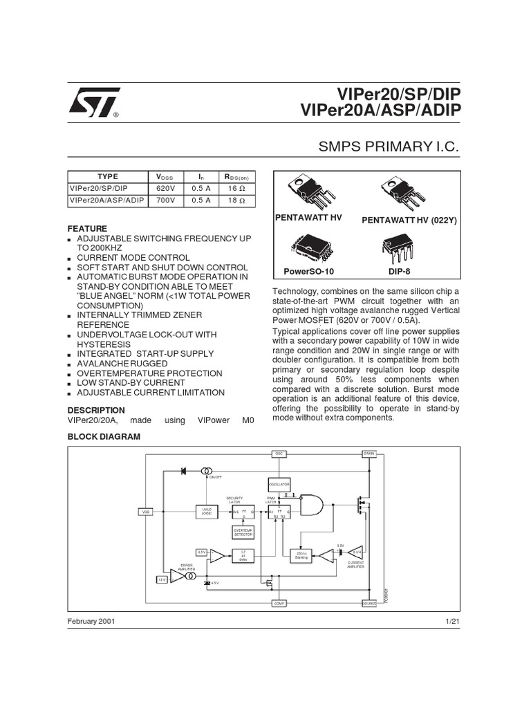 Viper20/Sp/Dip Viper20A/Asp/Adip: Smps Primary I.C | PDF | Amplifier ...