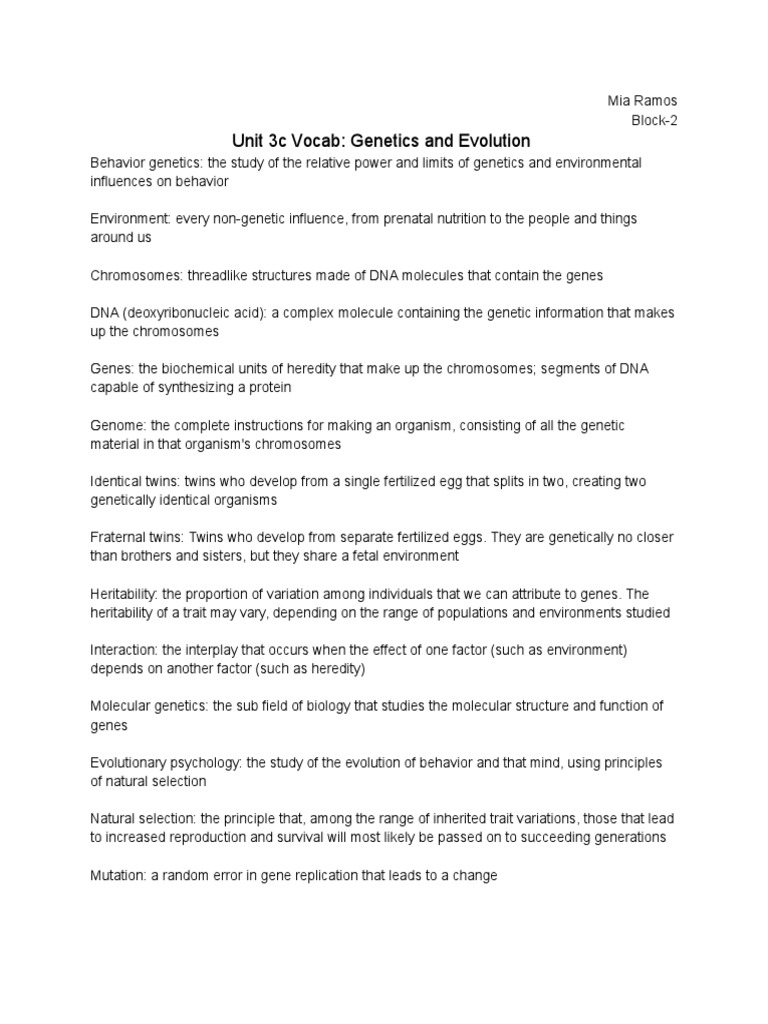 Unit 3c Vocab: Genetics and Evolution | PDF | Science & Mathematics