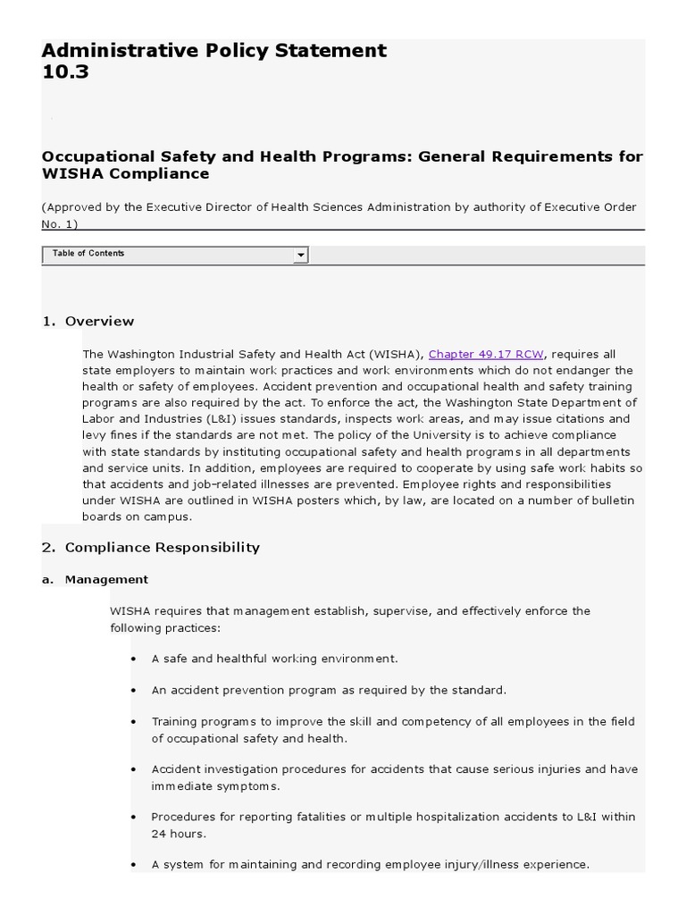 WISHA Compliance and Safety Policy | PDF | Occupational Safety And ...