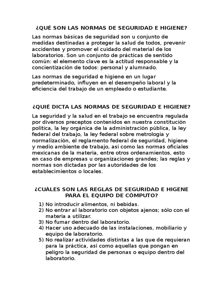 Normas De Seguridad E Higiene En El Laboratorio Normas De Higiene Y