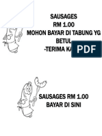 Sausages RM 1.00 Mohon Bayar Di Tabung Yg Betul - Terima Kasih