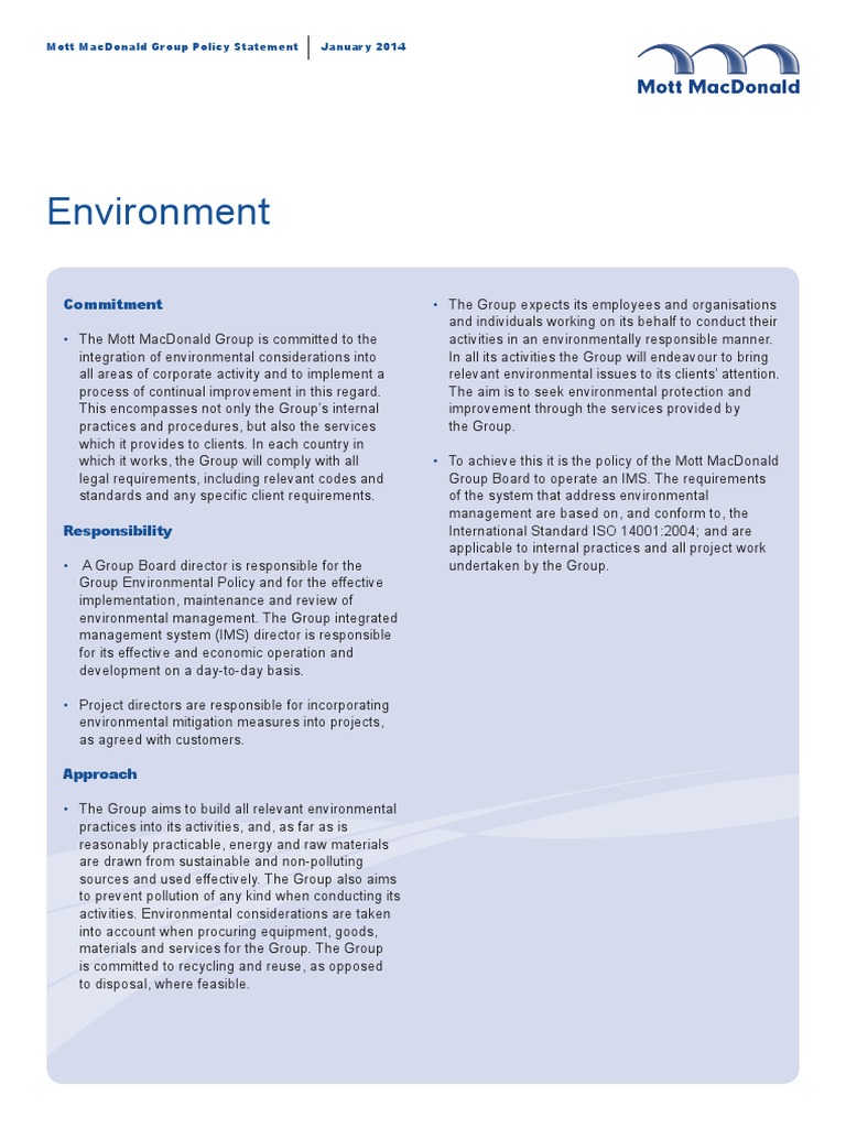 Mott MacDonald Environmental Policy Statement | PDF