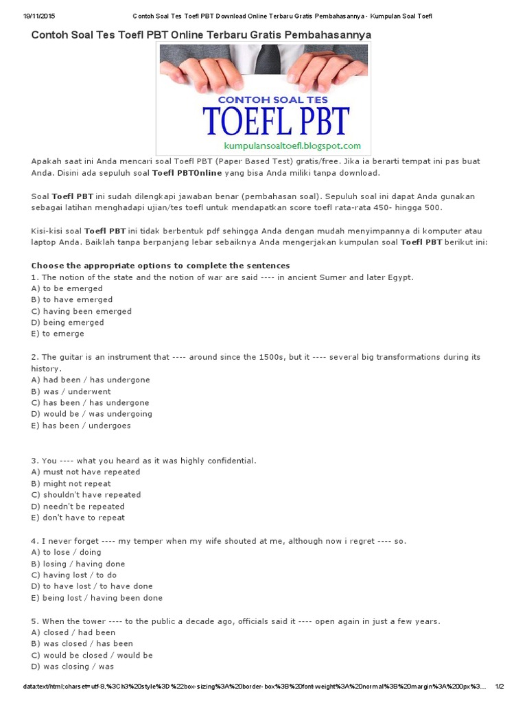 Sharinggan Contoh Soal Toefl Dan Pembahasannya 2015