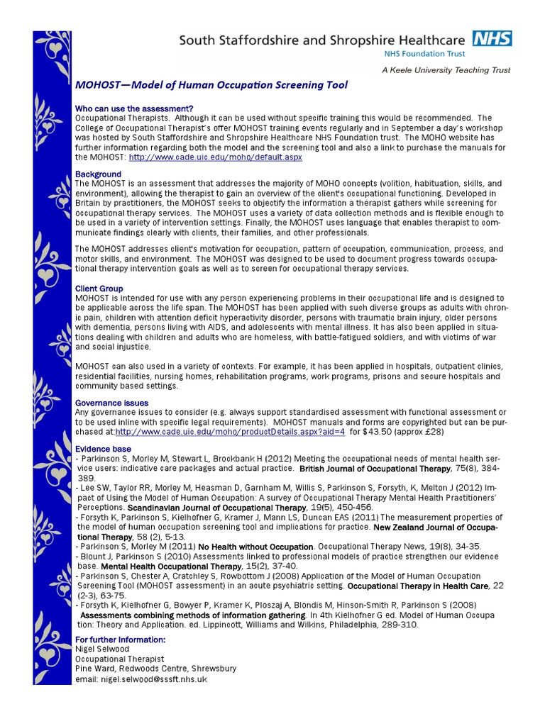 MOHOST Information Occupational Therapy Psychotherapy