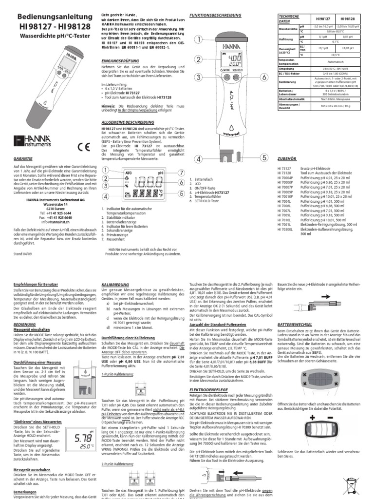 Bedienungsanleitung Hanna PHMeter NrHI 98128 PDF