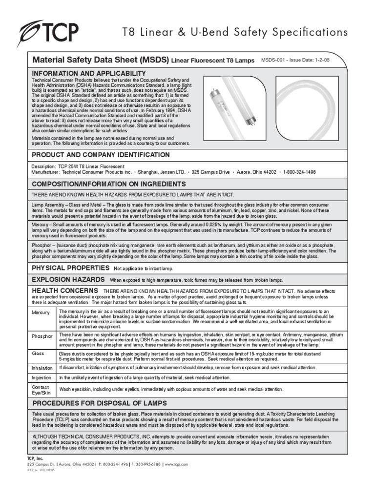 Msds Ing Tubos Fluorescentes Mercury (Element) Fluorescent Lamp