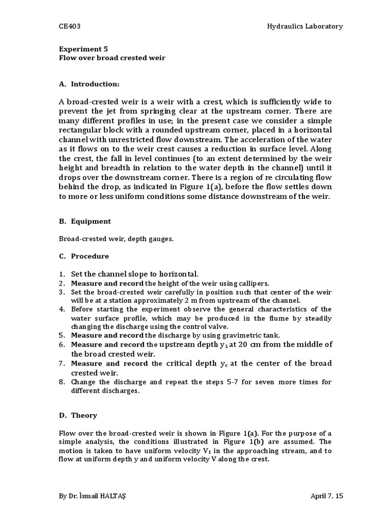Experiment 5 Flow Over Broad Crested Weir Physics & Mathematics Physics