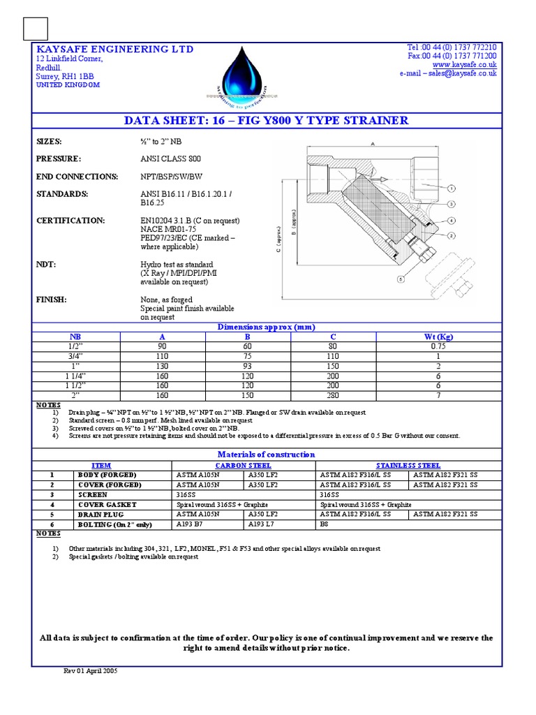 Data Sheet 16 Fig Y800 y Type Strainer PDF
