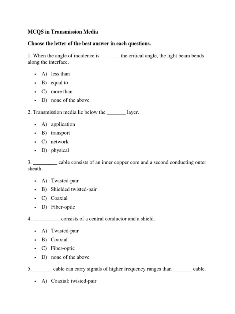 MCQS in Transmission Media PDF Transmission Medium Coaxial Cable
