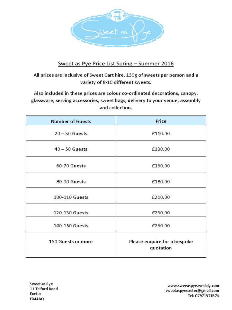 Sweet As Pye Price List 1 | PDF | Cooking, Food & Wine