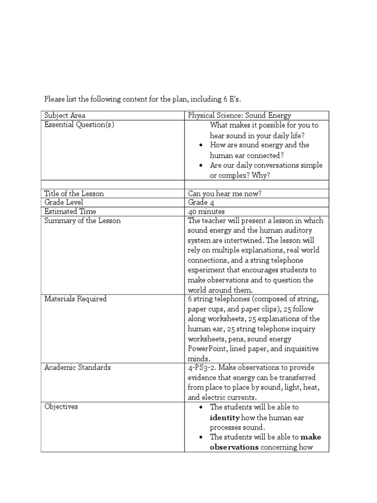 Sound Energy Inquiry Lesson Plan | PDF | Ear | Sound