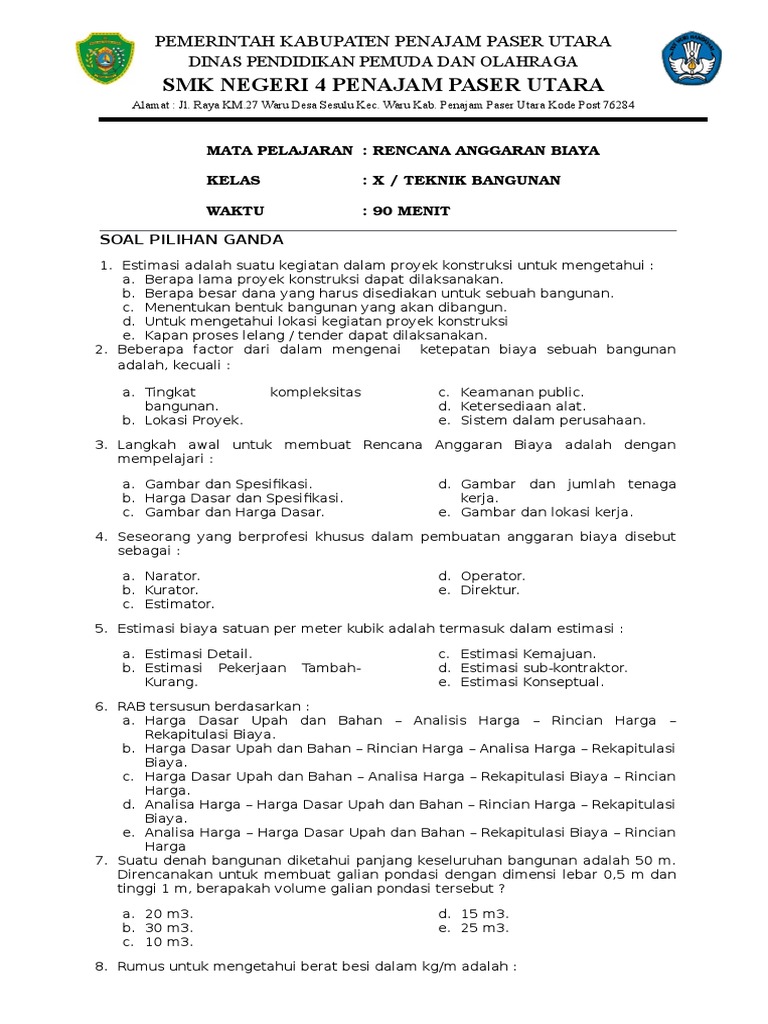 Contoh Soal Rencana Anggaran Biaya - Pembahasan Soal