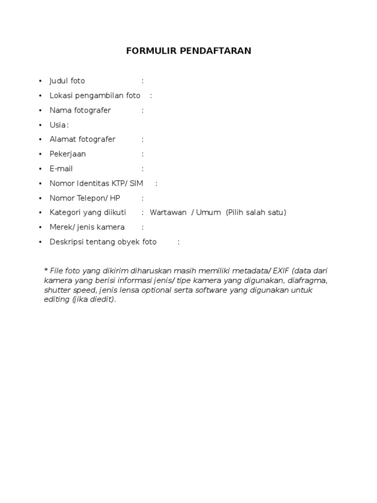 Formulir Pendaftaran Kosong Pdf