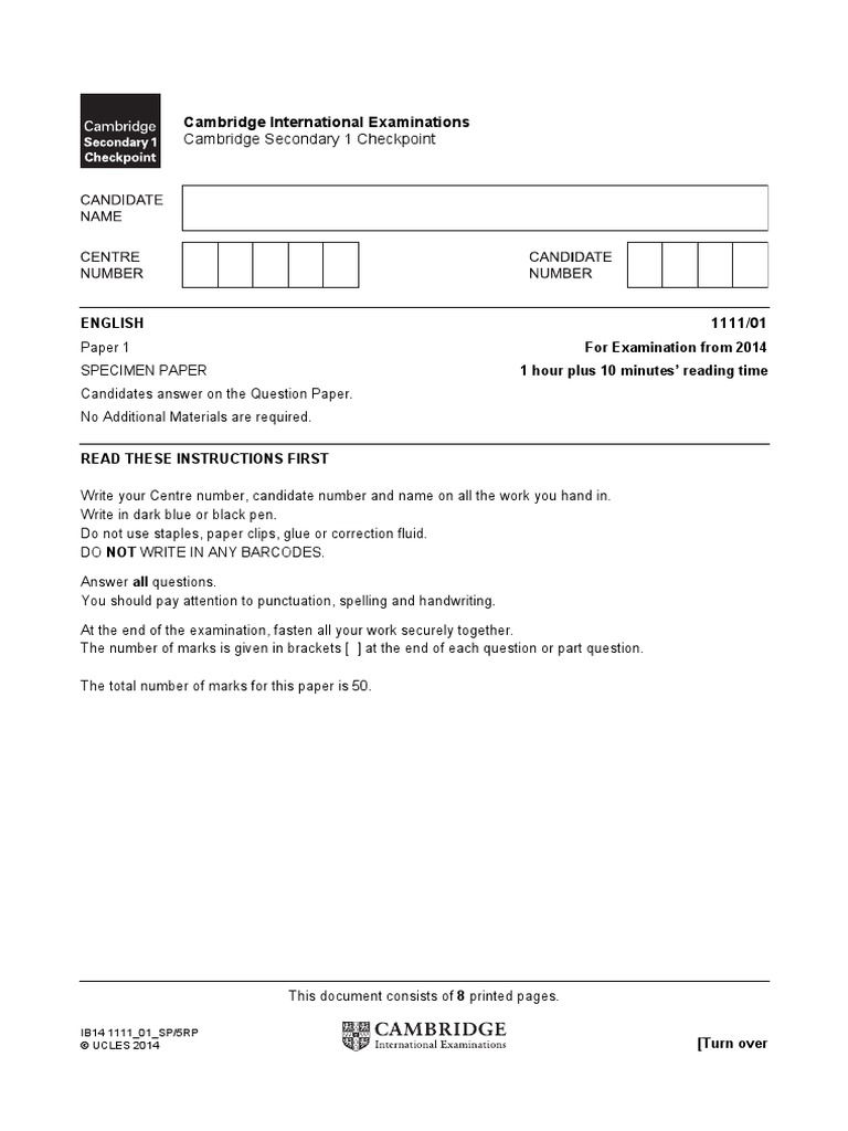 English Specimen Paper 1 2014 2017 PDF PDF Dances Sentence