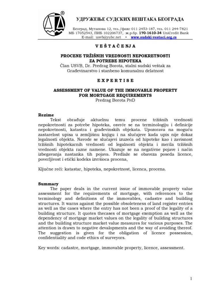 Procene Trzisnih Vrednosti Nepokretnosti Za Potrebe Hipoteka | PDF