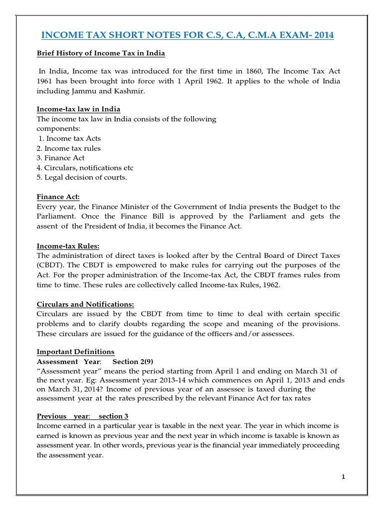 Income Tax Short Notes For C S C A C M A Exam 2014 | PDF | Tax ...