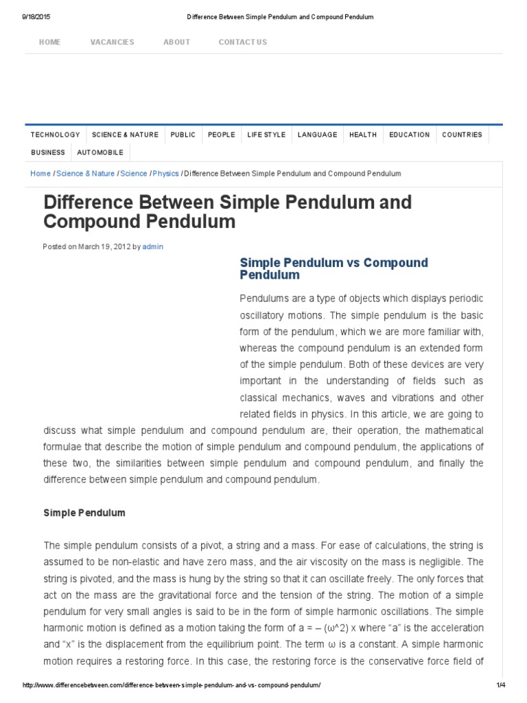 Difference Between Simple Pendulum and Compound Pendulum PDF