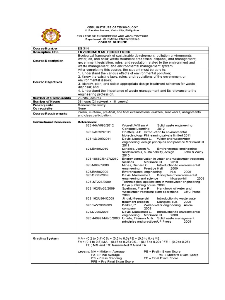 Course Outline Environmental Engineering Wastewater
