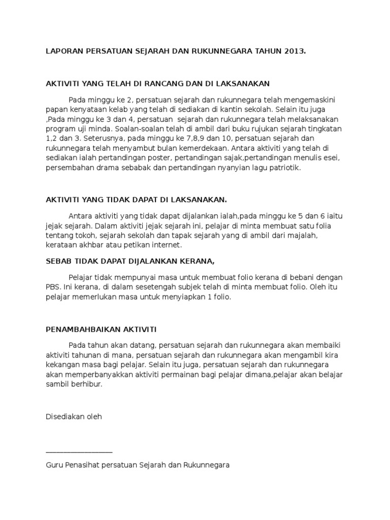 Laporan Kelab Sejarah Dan Rukunnegara Tahun 2013