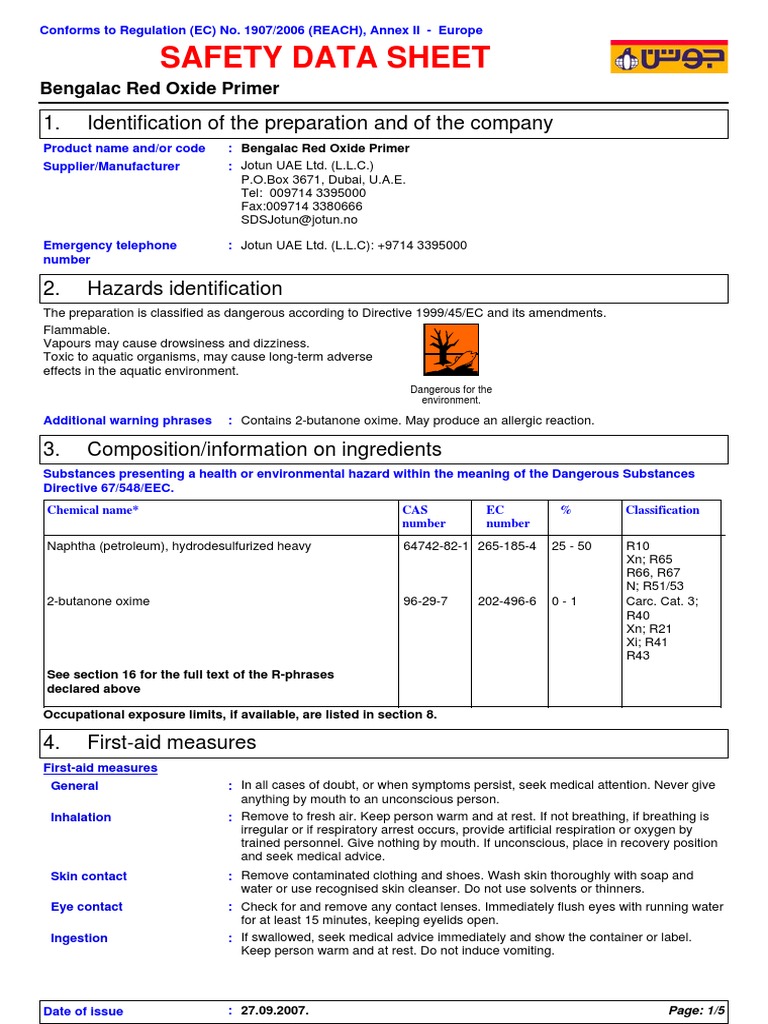 SDS Bengalac Red Oxide Primer English (Uk) Dubai Personal