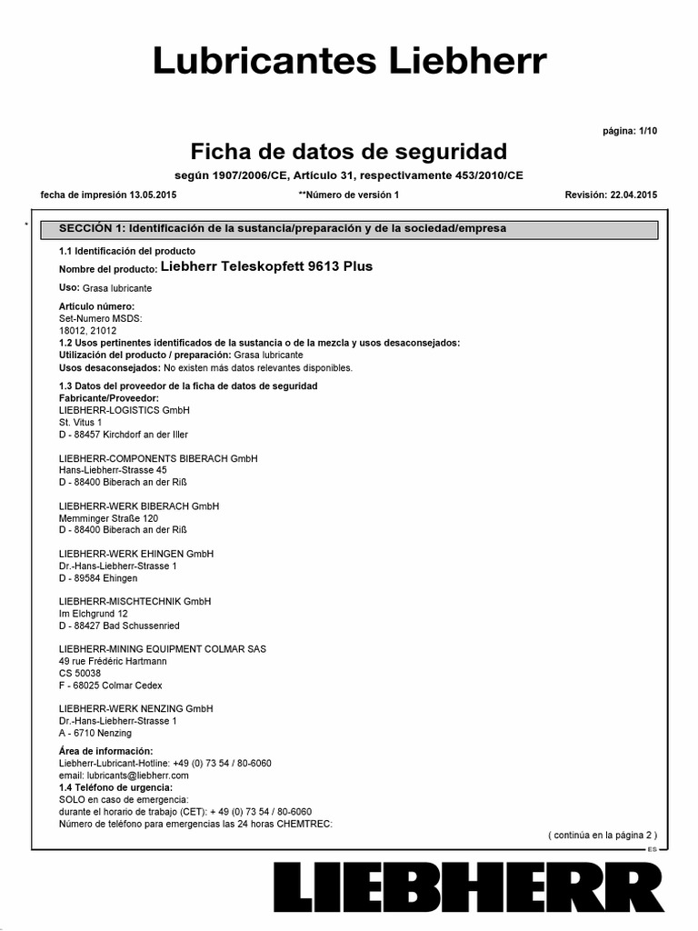 Grasa Liebherr Teleskopfett 9613 Plus | PDF | Residuos | Agua