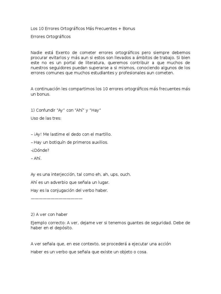 10 Errores Ortográficos Comunes y Bonus | PDF | Verbo | Sintaxis