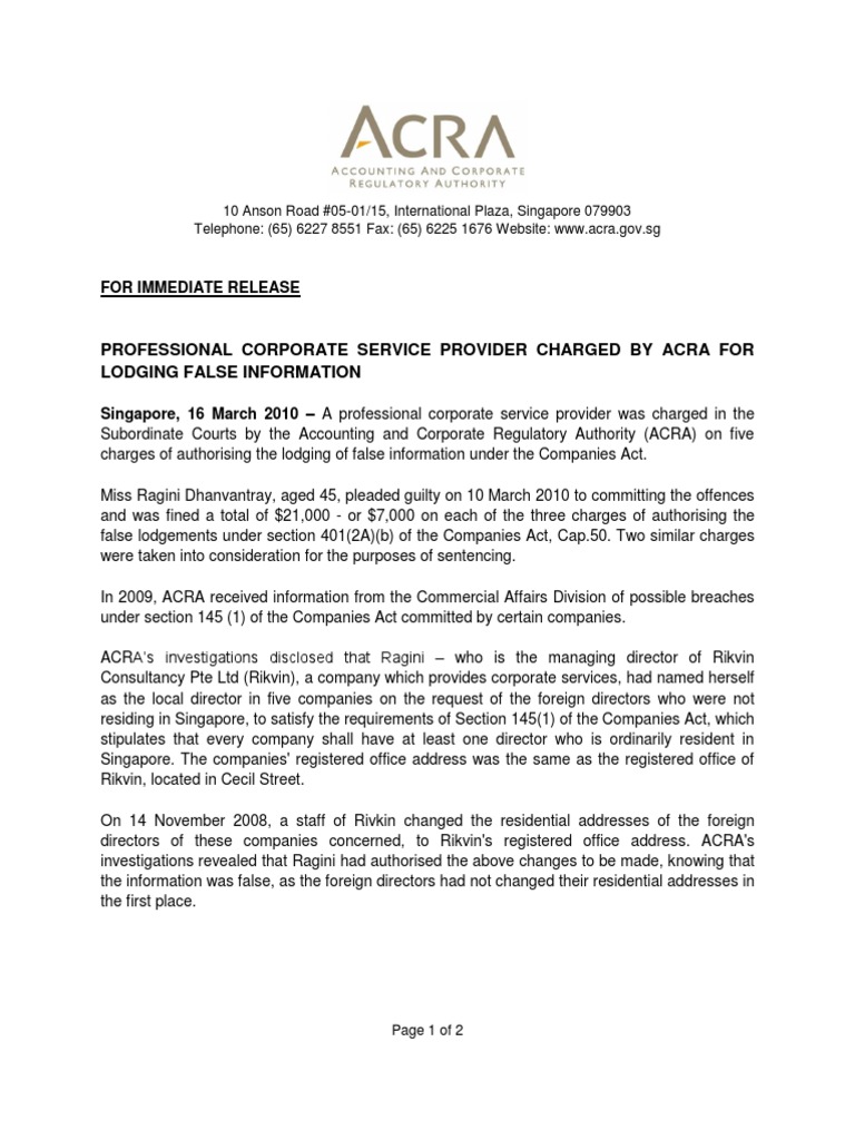ACRA Charges Rikvin for False Filings | PDF | Corporations | Accuracy ...