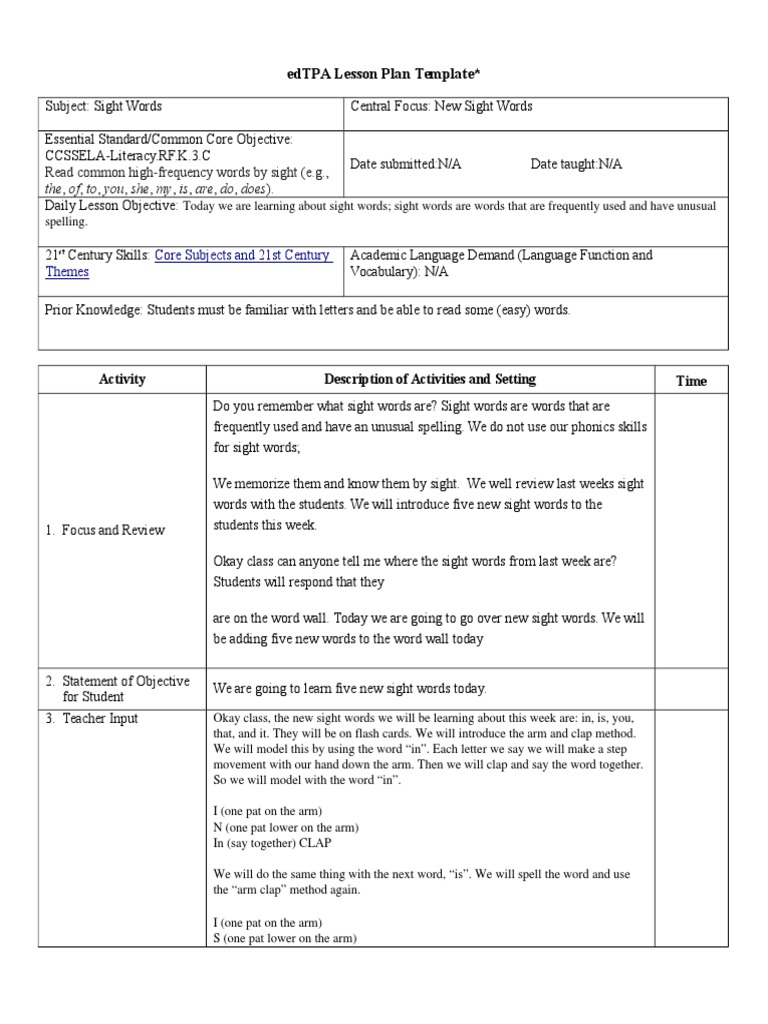 Sight Words Lesson Plan Template | PDF | Lesson Plan | Linguistics