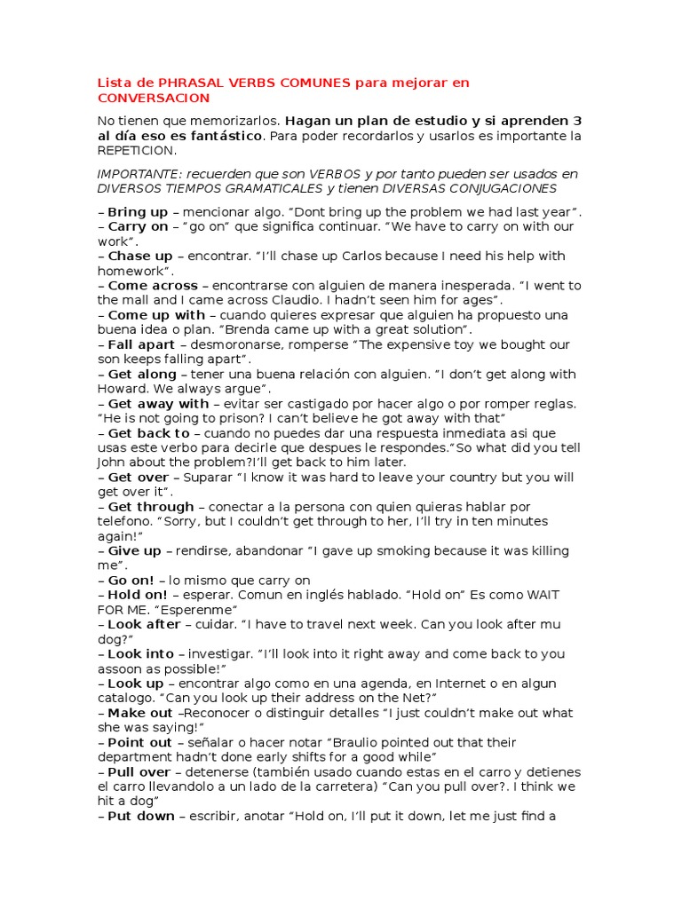 Lista de Phrasal Verbs Comunes para Mejorar en Conversacion | PDF ...