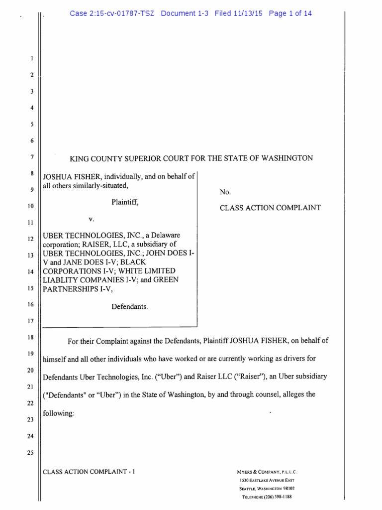 Class Action Complaint 1 Myers & Company PDF Uber Tortious Interference