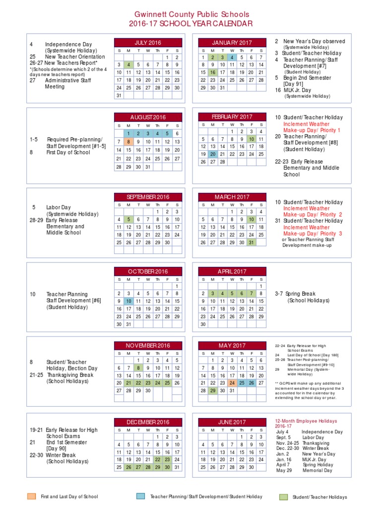 Gwinnett Schools Calendar 2016-17 | PDF | Academic Term | Public Holiday