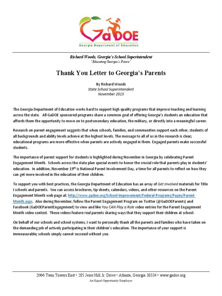 Fy16 Parent Engagement Month Letter | PDF | Learning | Further Education