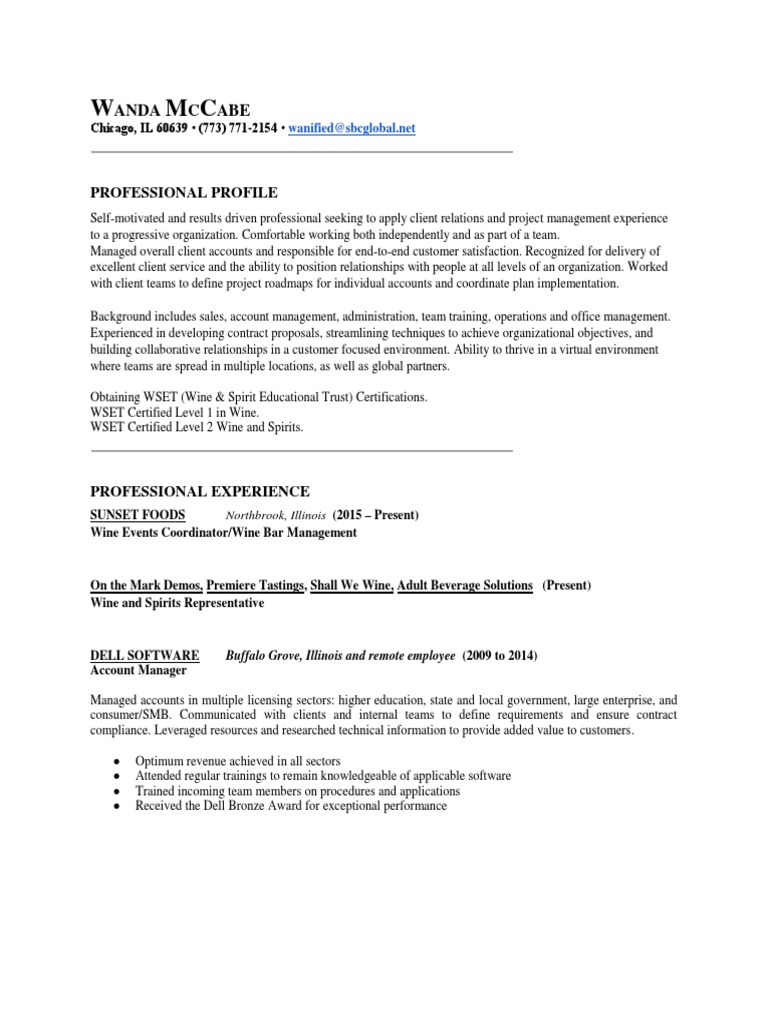 Sommelier Wine Bar Manager In Greater Chicago IL Resume Wanda McCabe