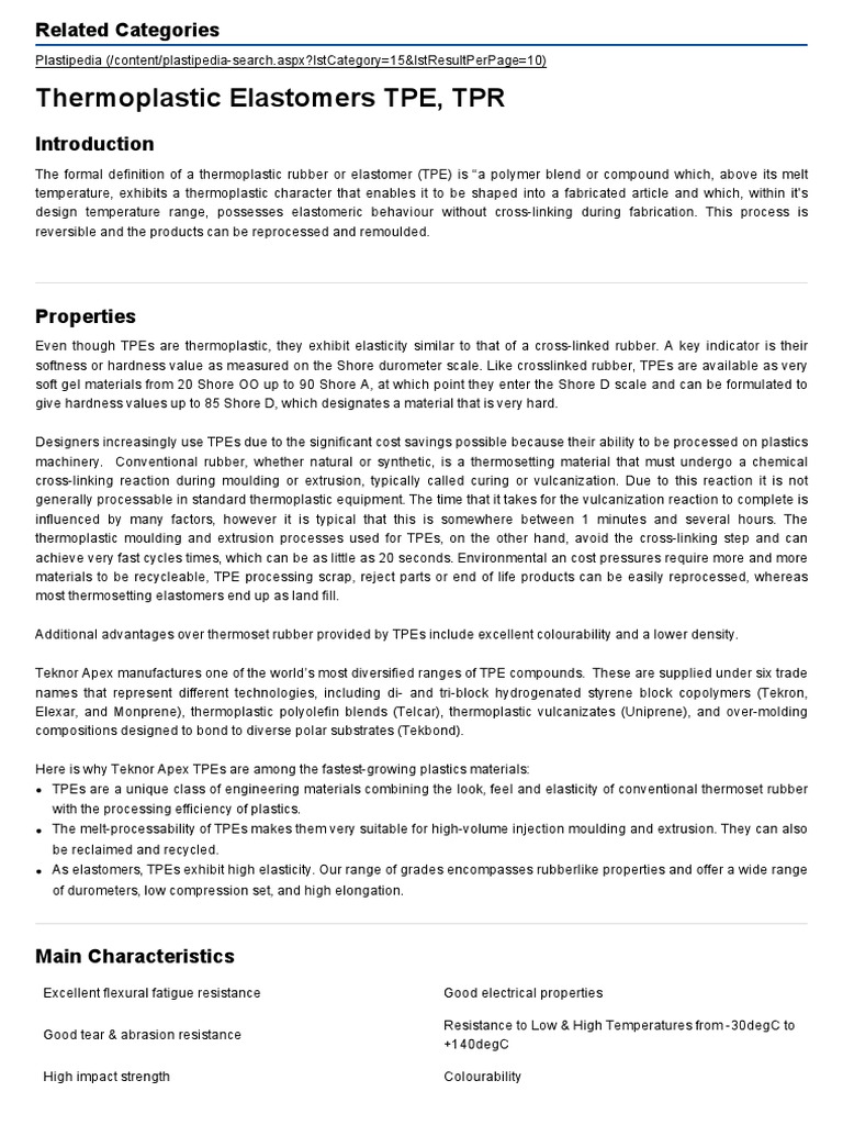 Thermoplastic Elastomers TPE, TPR | PDF | Plastic | Polymers