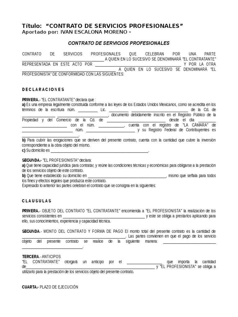 Formato de Contrato de Servicios Profesionales