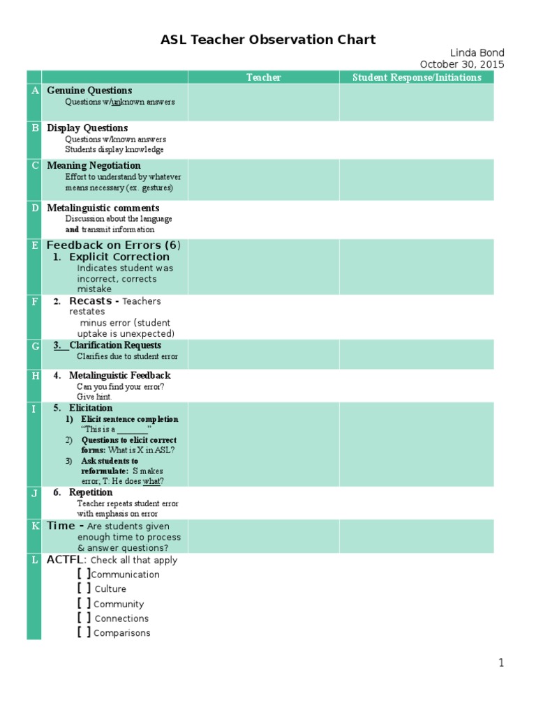 ASL Teacher Observation Chart: Genuine Questions | PDF ...